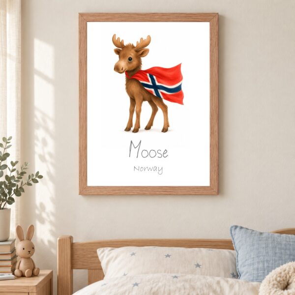 Norway national animal framed print in a kids bedroom, oak frame