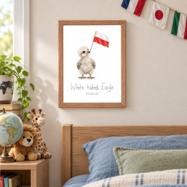 Poland national animal framed print in a kids bedroom, oak frame Poland national animal framed print in a kids bedroom, oak frame