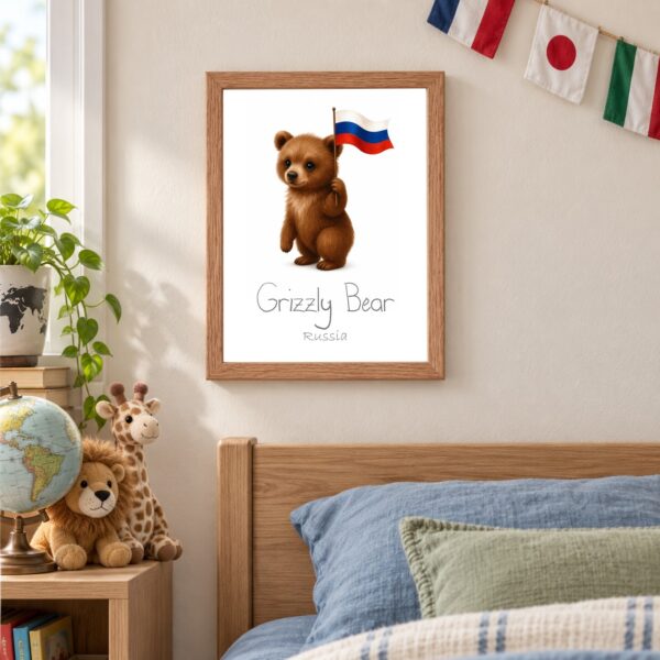 Russia national animal framed print in a kids bedroom, oak frame Russia national animal framed print in a kids bedroom, oak frame