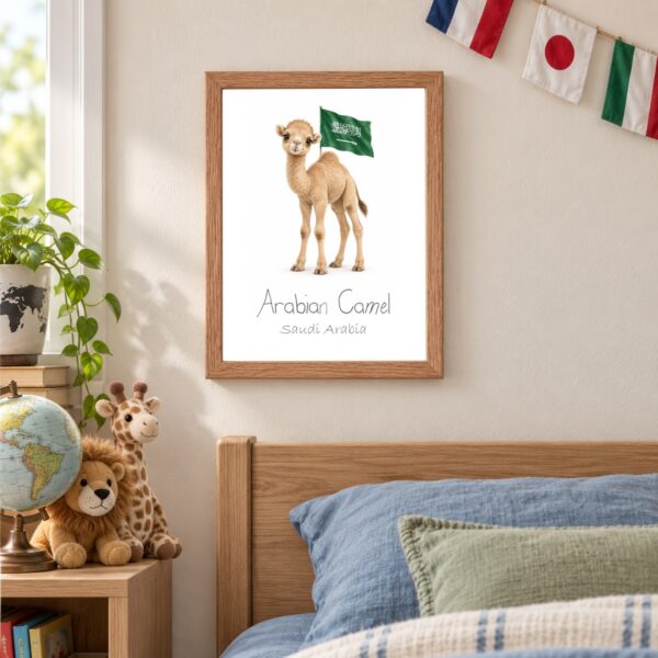 Saudi Arabia national animal framed print in a kids bedroom, oak frame Saudi Arabia national animal framed print in a kids bedroom, oak frame