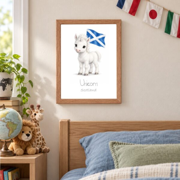 Scotland national animal framed print in a kids bedroom, oak frame Scotland national animal framed print in a kids bedroom, oak frame