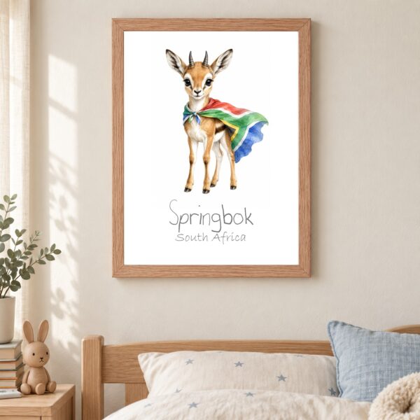 South Africa national animal framed print in a kids bedroom, oak frame