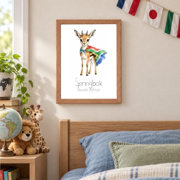 South Africa national animal framed print in a kids bedroom, oak frame