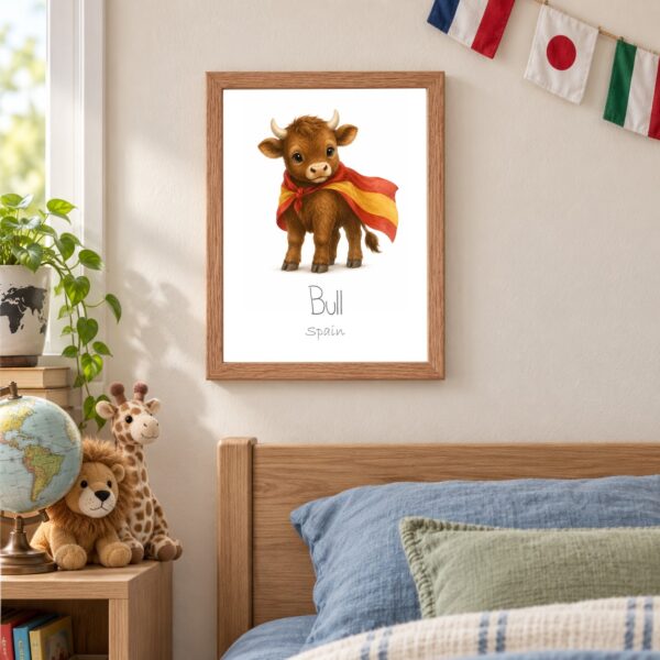 Spain national animal framed print in a kids bedroom, oak frame