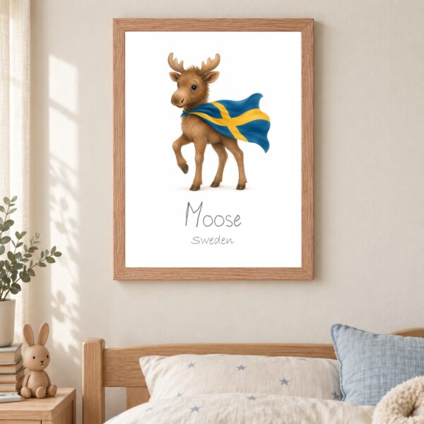 Sweden national animal framed print in a kids bedroom, oak frame