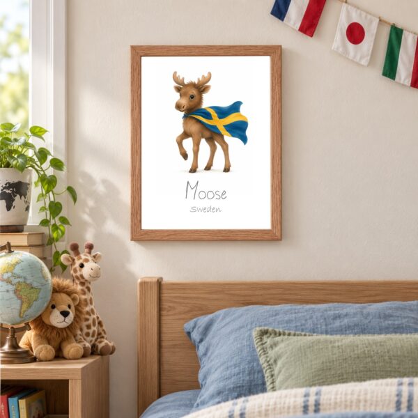 Sweden national animal framed print in a kids bedroom, oak frame