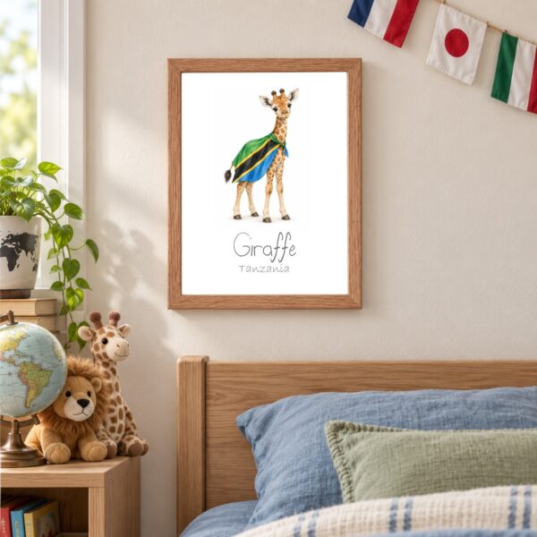 Tanzania national animal framed print in a kids bedroom, oak frame Tanzania national animal framed print in a kids bedroom, oak frame