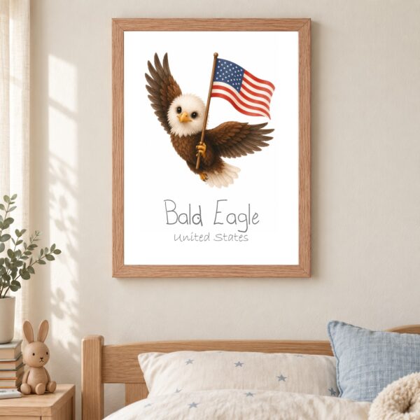 United States national animal framed print in a kids bedroom, oak frame
