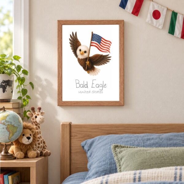 United States national animal framed print in a kids bedroom, oak frame