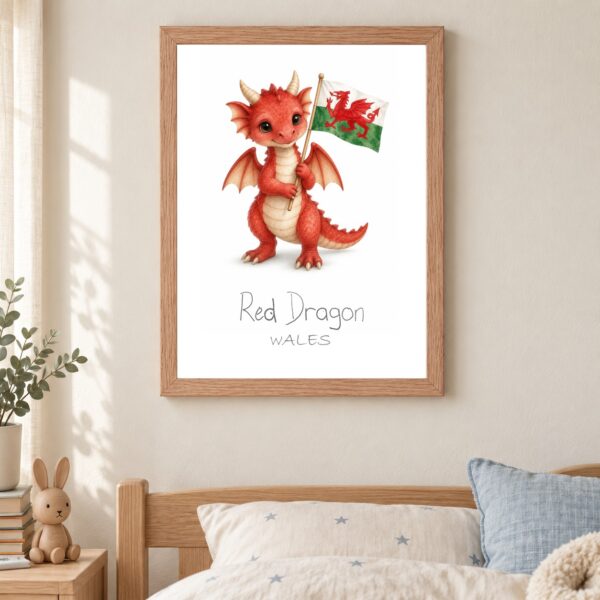 Wales national animal framed print in a kids bedroom, oak frame Wales national animal framed print in a kids bedroom, oak frame