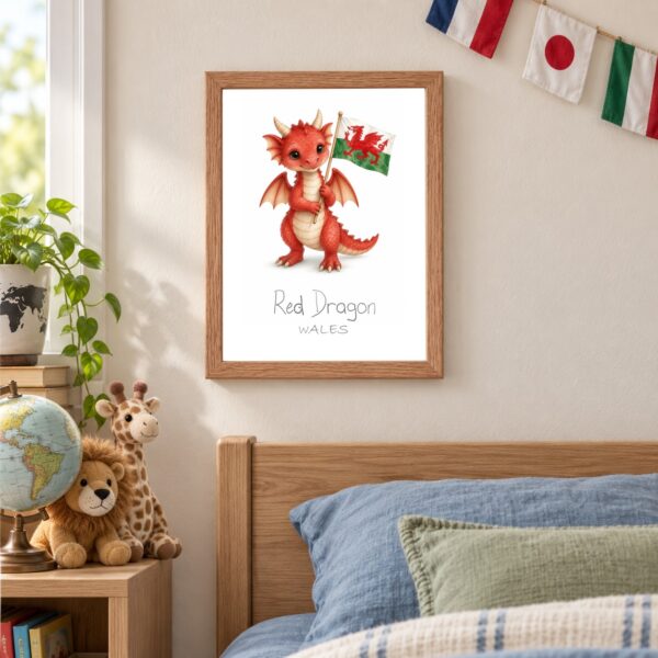 Wales national animal framed print in a kids bedroom, oak frame Wales national animal framed print in a kids bedroom, oak frame